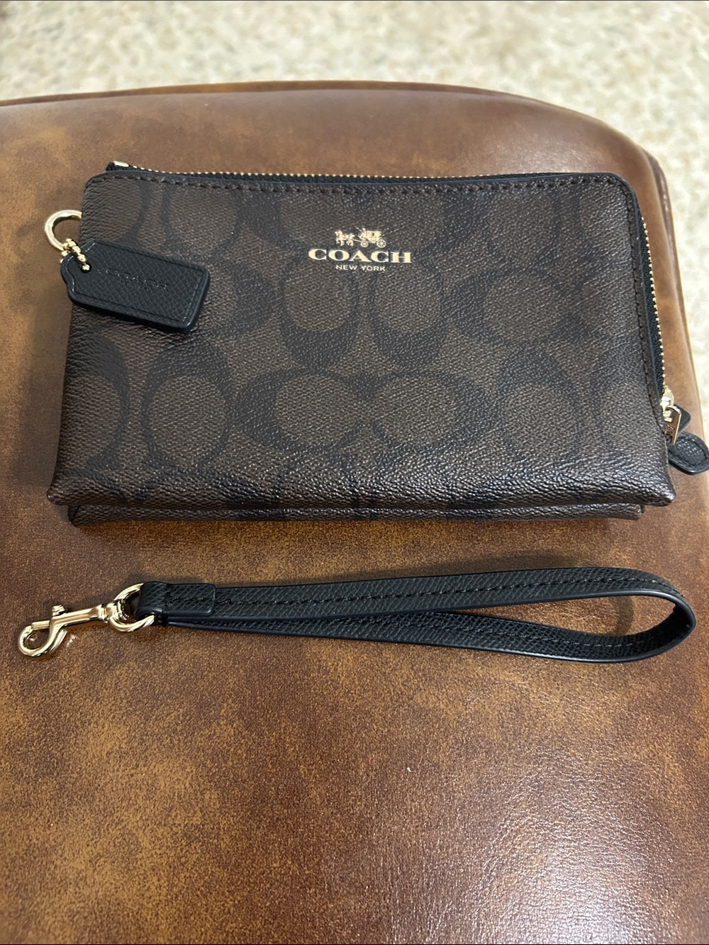Coach Brown and Black Signature Zip Wristlet